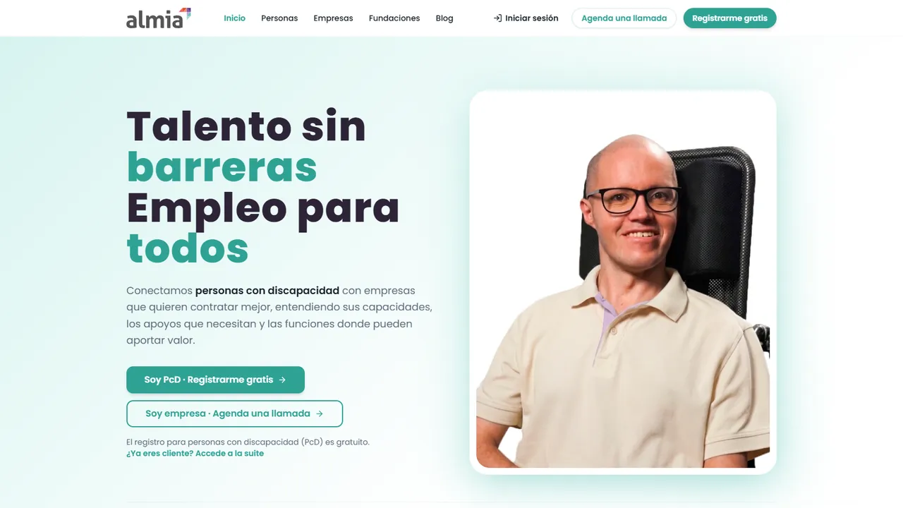 Almia home page: “Talent without barriers, employment for everyone”