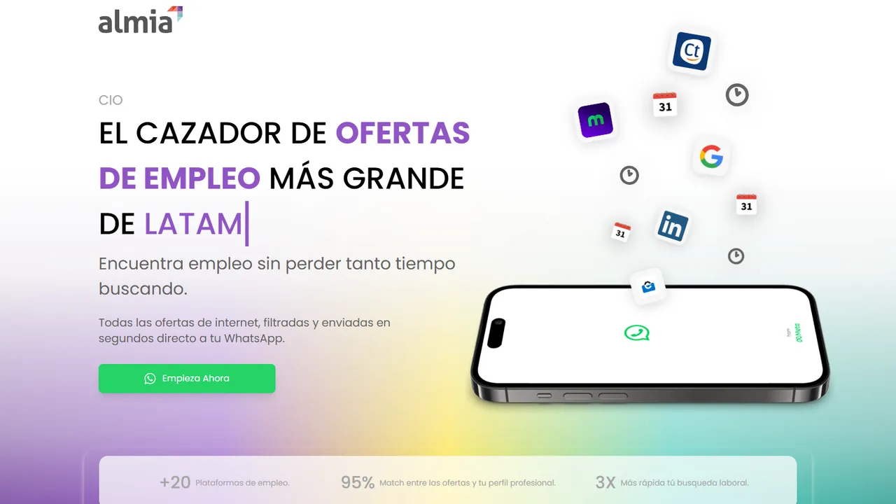 CIO landing page: “The largest job-offer hunter in LATAM”, with WhatsApp on a phone