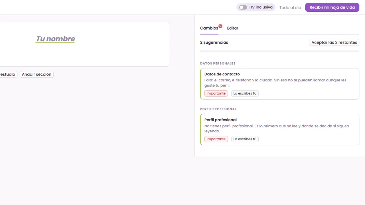 CV Creator editor: the CV document next to a panel of AI suggestions to review